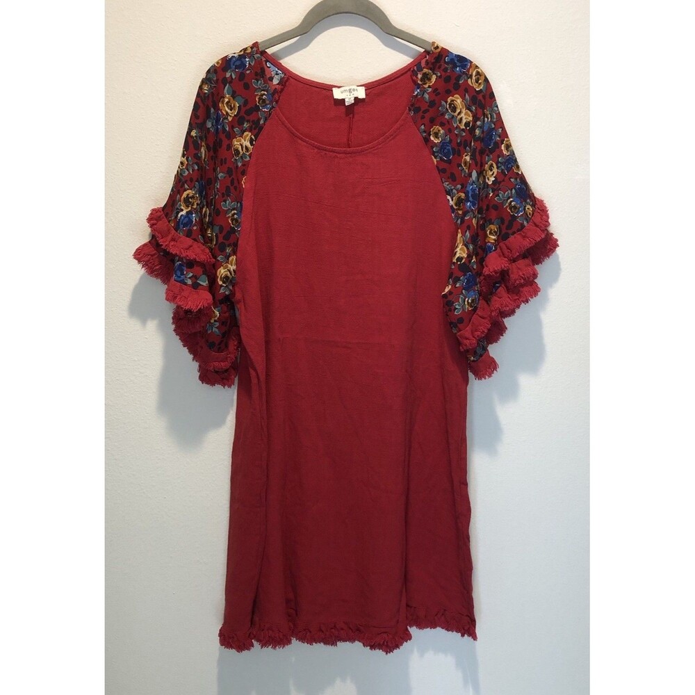 Umgee Womens Sz M Red Floral Fringe Blouse Shirt Top Boho Bohemian Party Fiesta